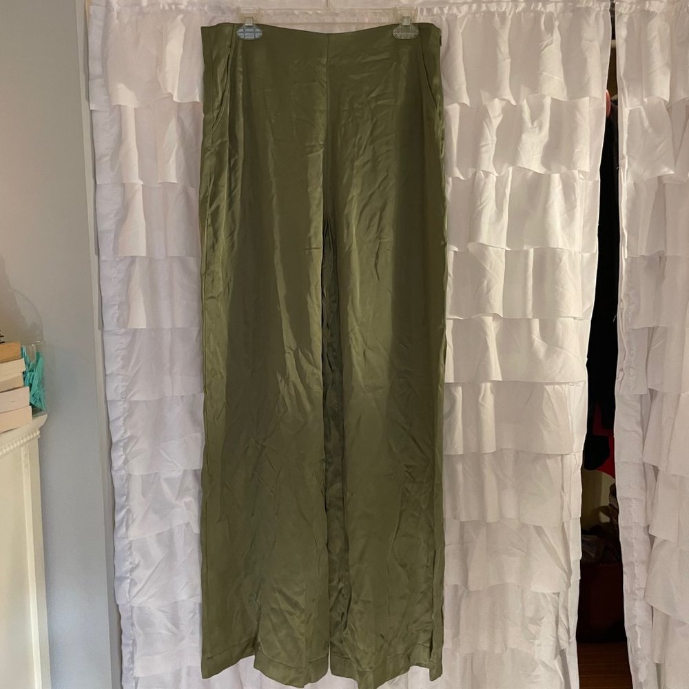 Zara Green Satin Wide Leg Pants Size Large New with Tags